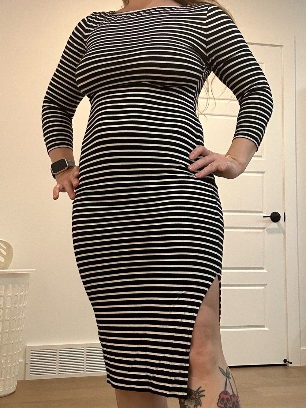 JustFab Black White Striped 3/4 Sleeve Bodycon Midi Dress Size S